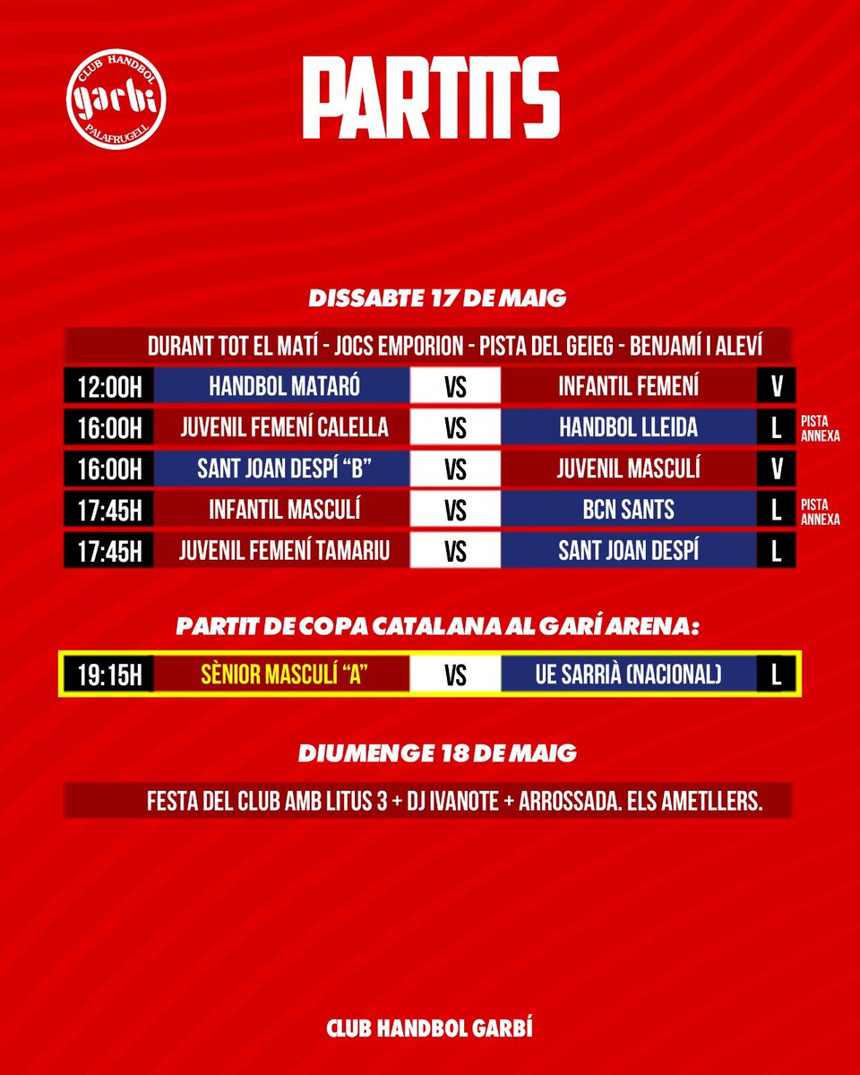 PARTITS DEL CAP DE SETMANA 🤾‍♀️🤾‍♂️

#jnf2
#SíSíSíGarbí
#mésqueunclubunagranfamília