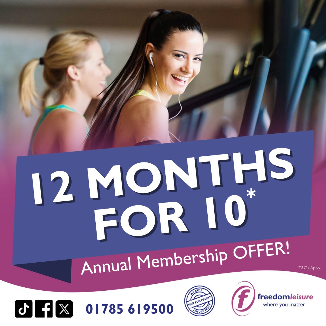 GET 12 MONTHS FOR THE PRICE OF 10 at Stafford Leisure Centre - To find out more on annual membership offers for gym, swim and exercise classes access click here - ow.ly/1ZNw50VP4m9