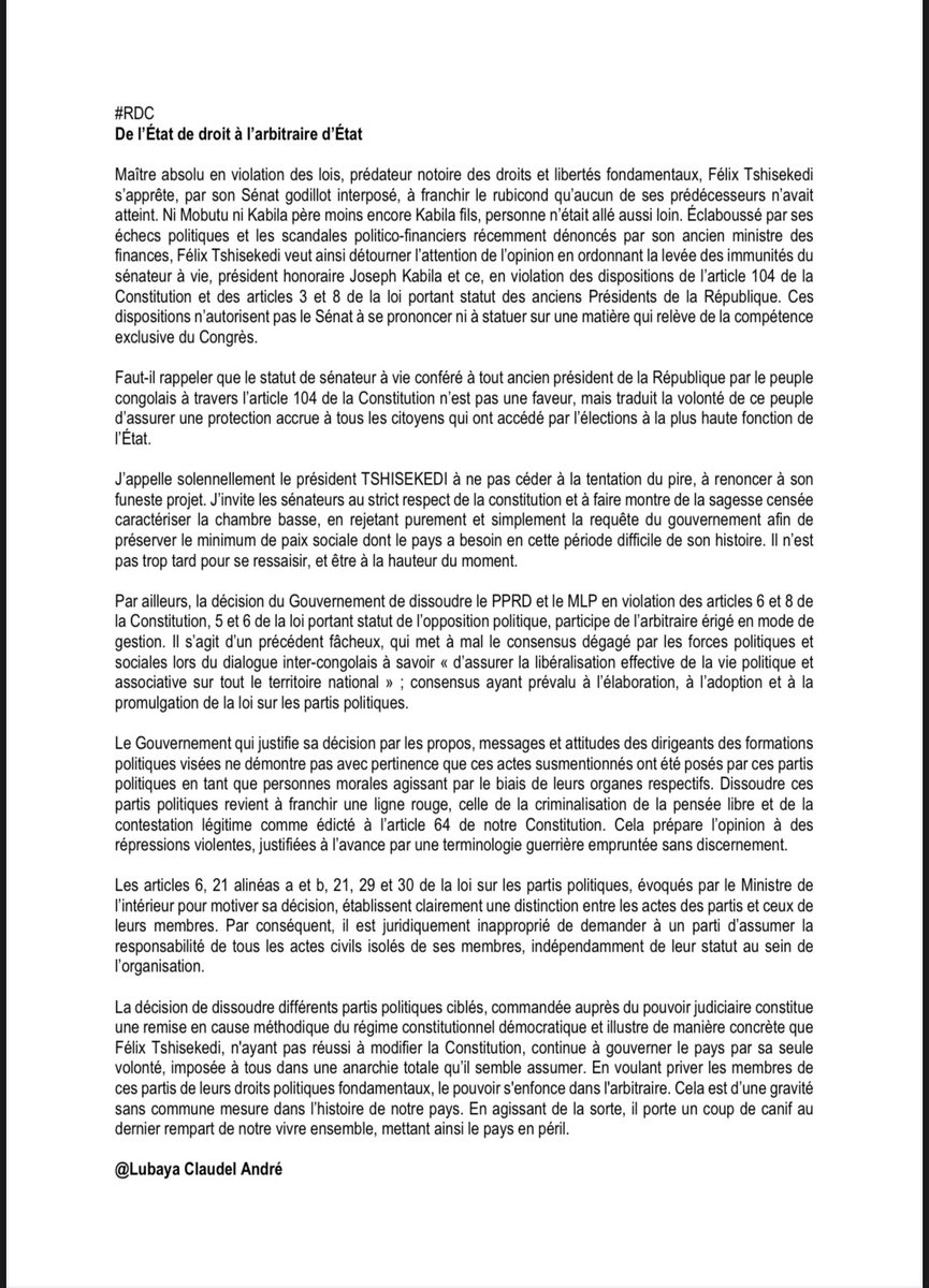 #RDC: “Maître absolu en violation des lois, prédateur notoire des droits et libertés fondamentaux, Félix Tshisekedi s'apprête, par son Sénat godillot interposé, à franchir le rubicond qu'aucun de ses prédécesseurs n'avait atteint. Ni Mobutu ni Kabila père moins encore Kabila