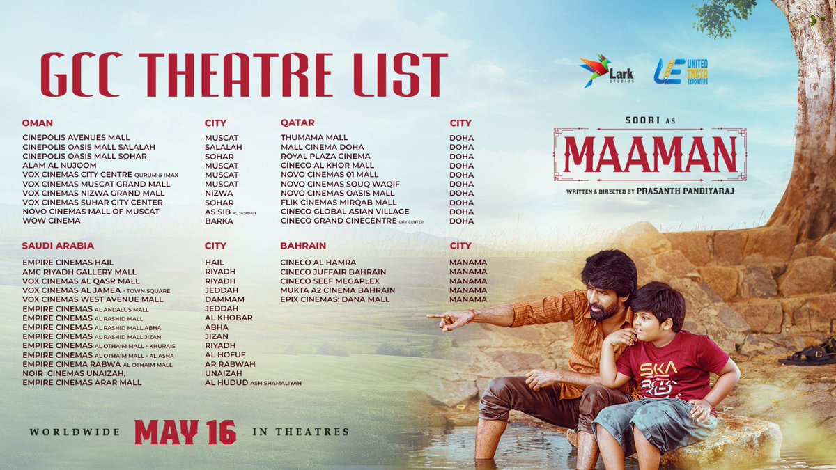 Movies Singapore (@moviessingapore) on Twitter photo #Maaman UAE & GCC Theatre List
Starring ⭐️ <a href="/sooriofficial/">Actor Soori</a>
Directed by <a href="/p_santh/">prasanth.P</a>
A <a href="/HeshamAWmusic/">Hesham Abdul Wahab</a> Musical
Produced by <a href="/kumarkarupannan/">Kumar K</a> <a href="/larkstudios1/">Lark Studios</a>
#MaamanFromMay16
@AishuL #Swasika #RajKiran #JayaPrakash <a href="/Bala_actor/">Bala saravanan actor</a> #BabaBaskar <a href="/ActorViji/">Viji Bhairavi Chandrasekhar</a> <a href="/nikhila_sankar_/">Nikhila Sankar</a> <a href="/kailasam_geetha/">Geetha Kailasam</a> #Maaman UAE & GCC Theatre List
Starring ⭐️ <a href="/sooriofficial/">Actor Soori</a>
Directed by <a href="/p_santh/">prasanth.P</a>
A <a href="/HeshamAWmusic/">Hesham Abdul Wahab</a> Musical
Produced by <a href="/kumarkarupannan/">Kumar K</a> <a href="/larkstudios1/">Lark Studios</a>
#MaamanFromMay16
@AishuL #Swasika #RajKiran #JayaPrakash <a href="/Bala_actor/">Bala saravanan actor</a> #BabaBaskar <a href="/ActorViji/">Viji Bhairavi Chandrasekhar</a> <a href="/nikhila_sankar_/">Nikhila Sankar</a> <a href="/kailasam_geetha/">Geetha Kailasam</a>
