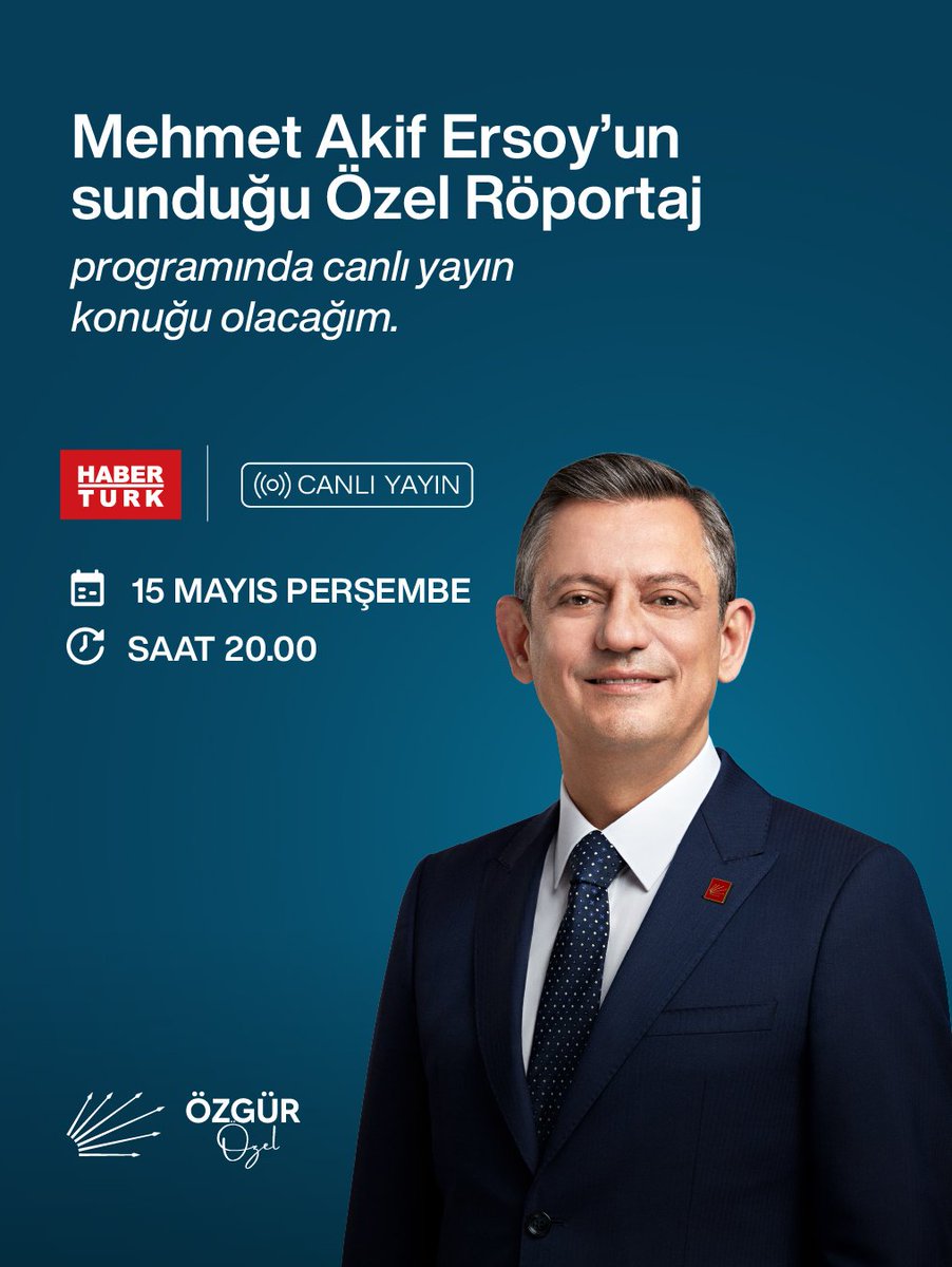 Bu akşam Mehmet Akif Ersoy’un sunduğu Özel Röportaj programının canlı yayın konuğu olacağım.

🗓️15 Mayıs Perşembe 
⏰20.00
📍HaberTürk TV