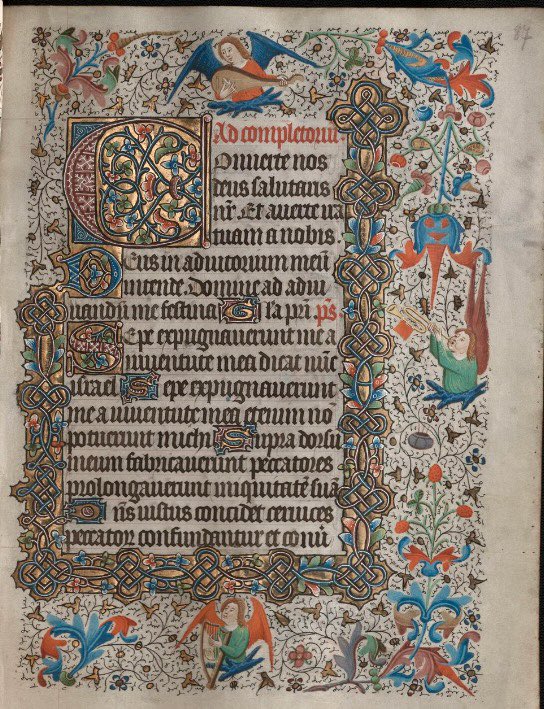A typical example of 15th-century book production in Bruges: full-page miniatures and sumptuous marginal decoration with plants, birds and angels playing music (f. 86v-87r)

Ms. 9798 <a href="/kbrbe/">KBR</a>, Book of Hours (Use of Rome), Bruges, c. 1440, 17 miniatures:

uurl.kbr.be/2250603