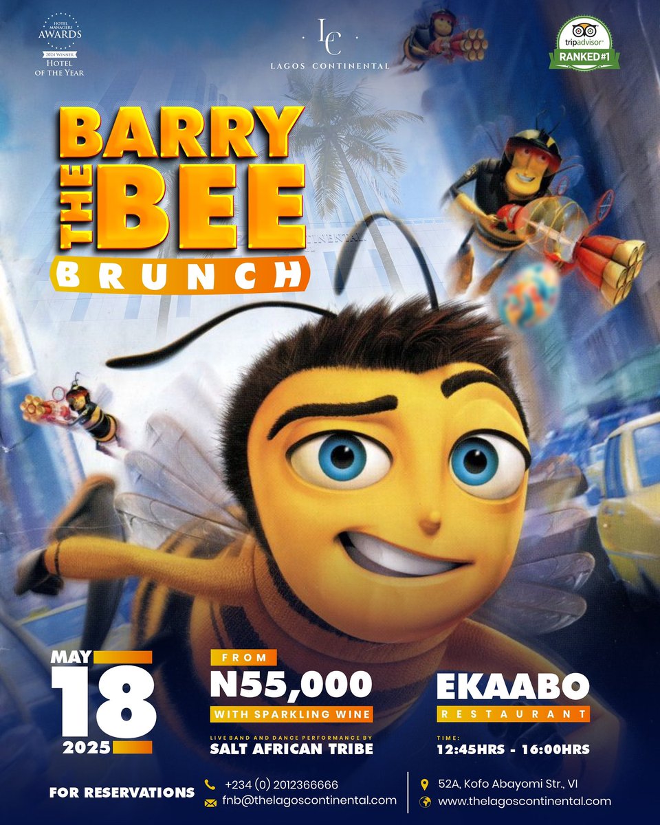 Lagos Continental (@thelchotel) on Twitter photo Barry the Bee Brunch at Lagos Continental will set the tone for your week
Donāt bee late! Get here by 12:45pm and join the fun!
Book now:
š: +234 (0)2012366666
š§: reservations@thelagoscontinental.com
#BarryTheBeeBrunch #LagosContinental Barry the Bee Brunch at Lagos Continental will set the tone for your week
Donāt bee late! Get here by 12:45pm and join the fun!
Book now:
š: +234 (0)2012366666
š§: reservations@thelagoscontinental.com
#BarryTheBeeBrunch #LagosContinental