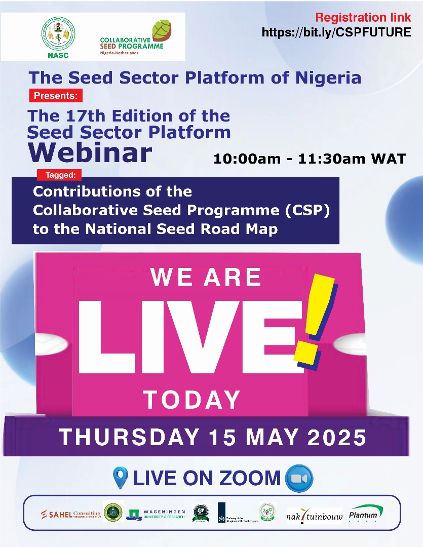 🌱 Today’s the day!

We’re live with the CSP Closing Webinar, wrapping up 4 years of impact and setting the stage for the future of Nigeria’s seed sector.

🕙 10:00–11:30 AM (WAT)
📍 Zoom
🔗 Join now: bit.ly/CSPFUTURE
#CSPNigeria #SeedSector #SahelConsulting #FoodSecurity