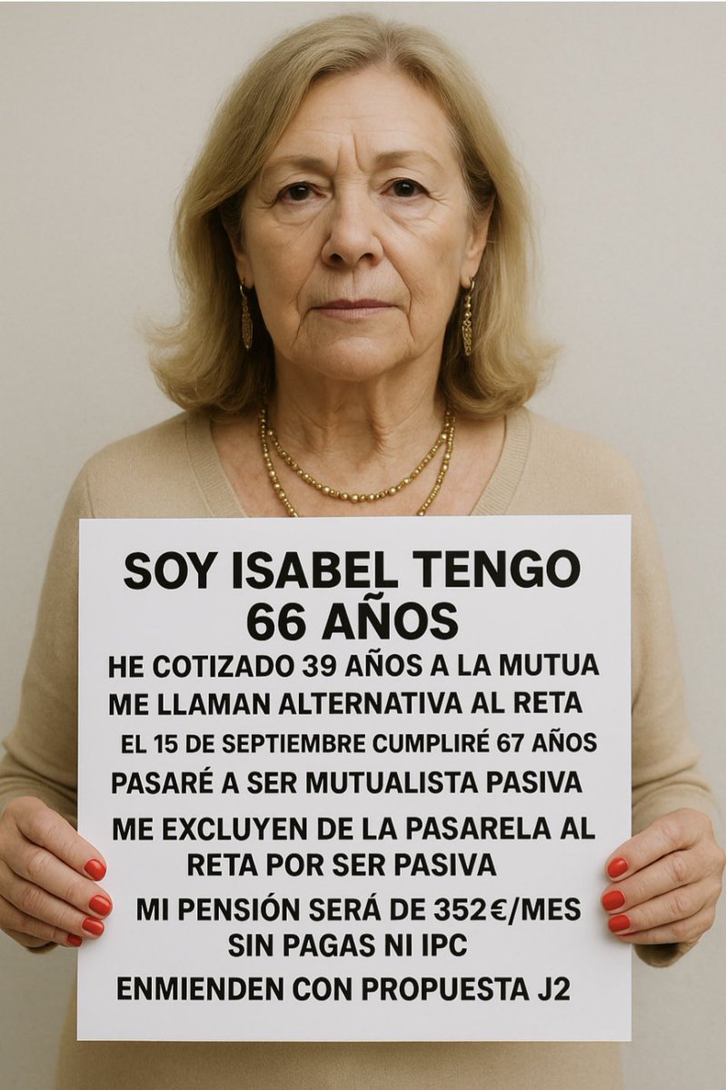 Isabel tiene 66 años, ha cotizado 39… y su pensión será de 352€/mes.

Miles de mutualistas como ella piden justicia y una pensión digna.
📍Manifestación 14 de junio, Madrid
#YoVoyY14J2
#ENMIENDENCONPROPUESTAJ2