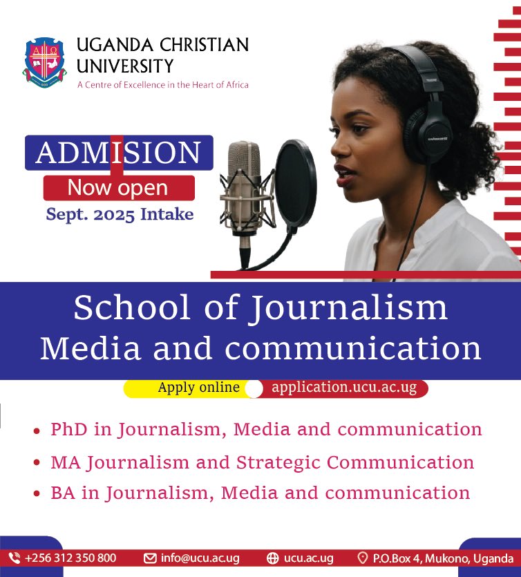 UCU School of Journalism, Media & Communication (@ucujourncom) on Twitter photo <a href="/UCUniversity/">Uganda Christian University (Official)</a>’s School of Journalism, Media & Communication is now open for the 2025 Advent (September) Intake.
📌Enroll now to shape your future in media, storytelling, and communication
Enroll now 🔗application.ucu.ac.ug•
#Apply2UCU <a href="/UCUniversity/">Uganda Christian University (Official)</a>’s School of Journalism, Media & Communication is now open for the 2025 Advent (September) Intake.
📌Enroll now to shape your future in media, storytelling, and communication
Enroll now 🔗application.ucu.ac.ug•
#Apply2UCU