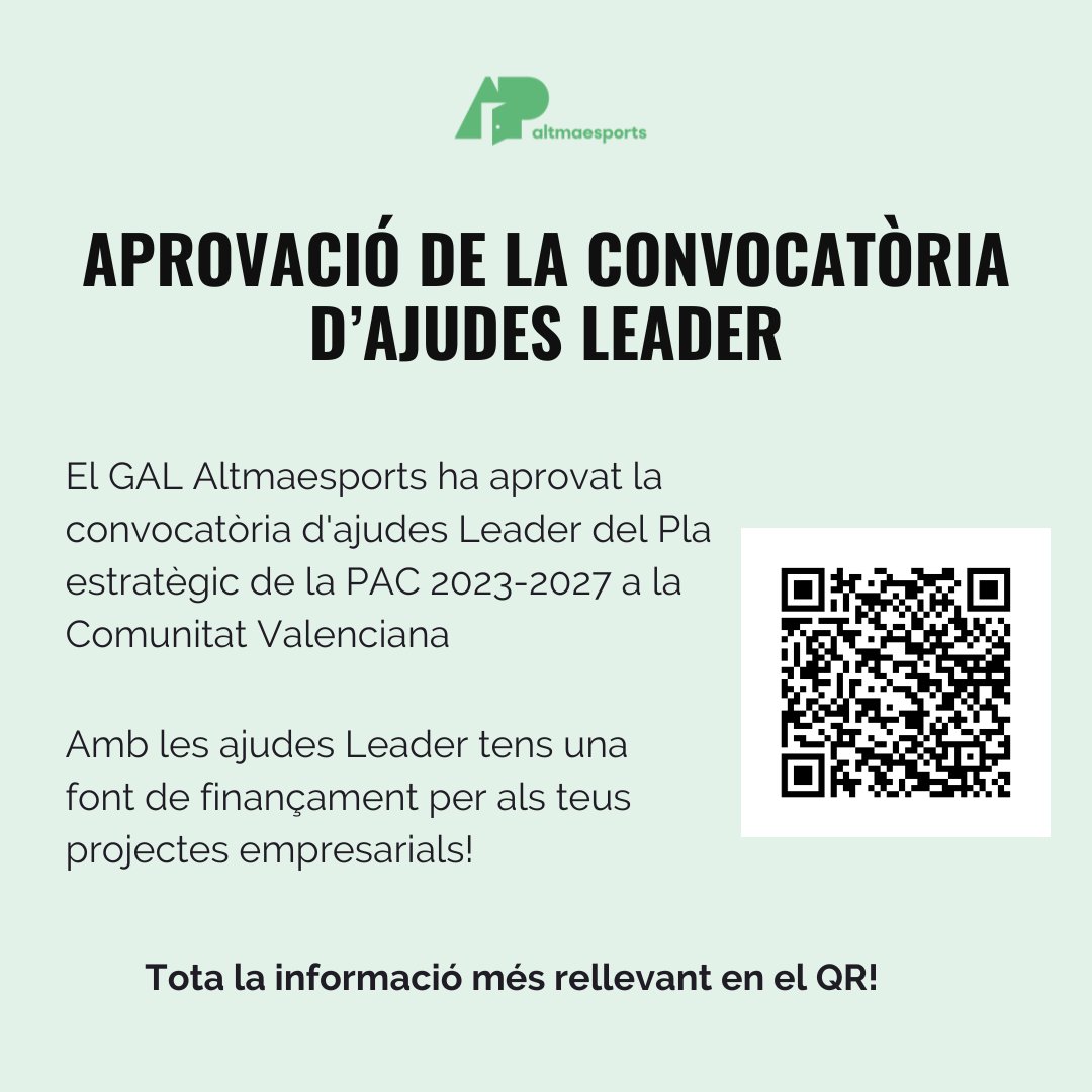 ❗ El GAL Altmaesports ha aprovat la convocatòria d'ajudes Leader del Pla estratègic de la PAC 2023-2027 a la Comunitat Valenciana

🔎 Vols conèixer la informació més rellevant? 

📲 Entra en aquest enllaç per a obtindre-la: altmaesports.org/aprobacion-con…