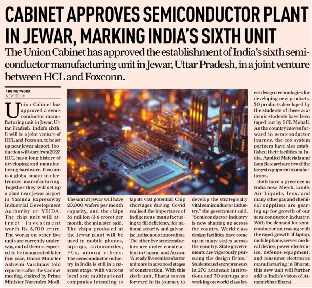 _InvestUP's tweet photo. The Union Cabinet has approved India’s sixth semiconductor manufacturing unit near Noida International Airport, Jewar, Uttar Pradesh—a major boost to the nation’s tech infrastructure. A joint venture between HCL and global electronics giant Foxconn, the unit will be set up under YEIDA. With an investment of ₹3,700 crore, the plant is expected to start production by 2027, manufacturing 36 million chips monthly. These chips will power devices like mobiles, laptops, and automobiles, marking a transformative step in India’s semiconductor journey and advancing Uttar Pradesh’s position in the global tech supply chain.

For more details, read the attached news article.

#SemiconductorIndia #JewarChipPlant #HCL #Foxconn #YEIDA #TechManufacturing #MakeInIndia #DigitalIndia #UPDevelopment #ElectronicsHub #InvestUP #JewarAirport