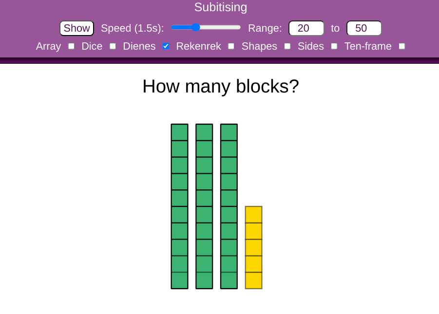 Don't count, see the amount!

A simple to use and customisable tool for subitising.

mathsbot.com/tools/subitisi…