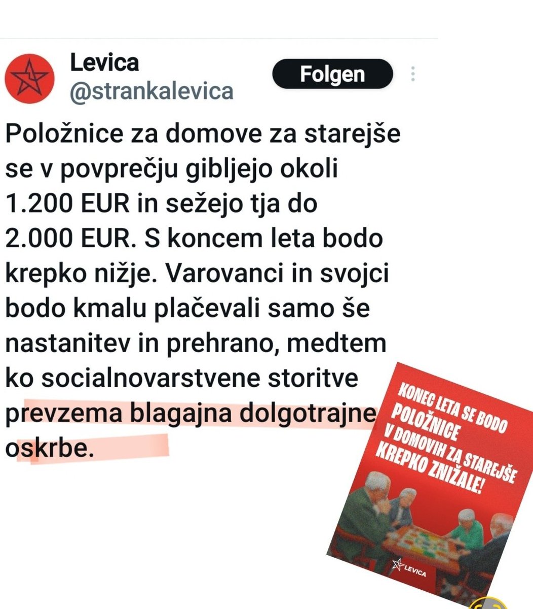 ZCernac's tweet photo. Vedno bolj VAM LAŽEJO. 
Zapomnite si spodnjo objavo. Konec leta se niti ena položnica v domovih za starejše ne bo KREPKO znižala, niti za euro ne bo nižja, denarnice vseh pa bodo vsak mesec tanjše zaradi novega davka za dolgotrajno oskrbo od julija dalje. https://t.co/idDXY1te8l
