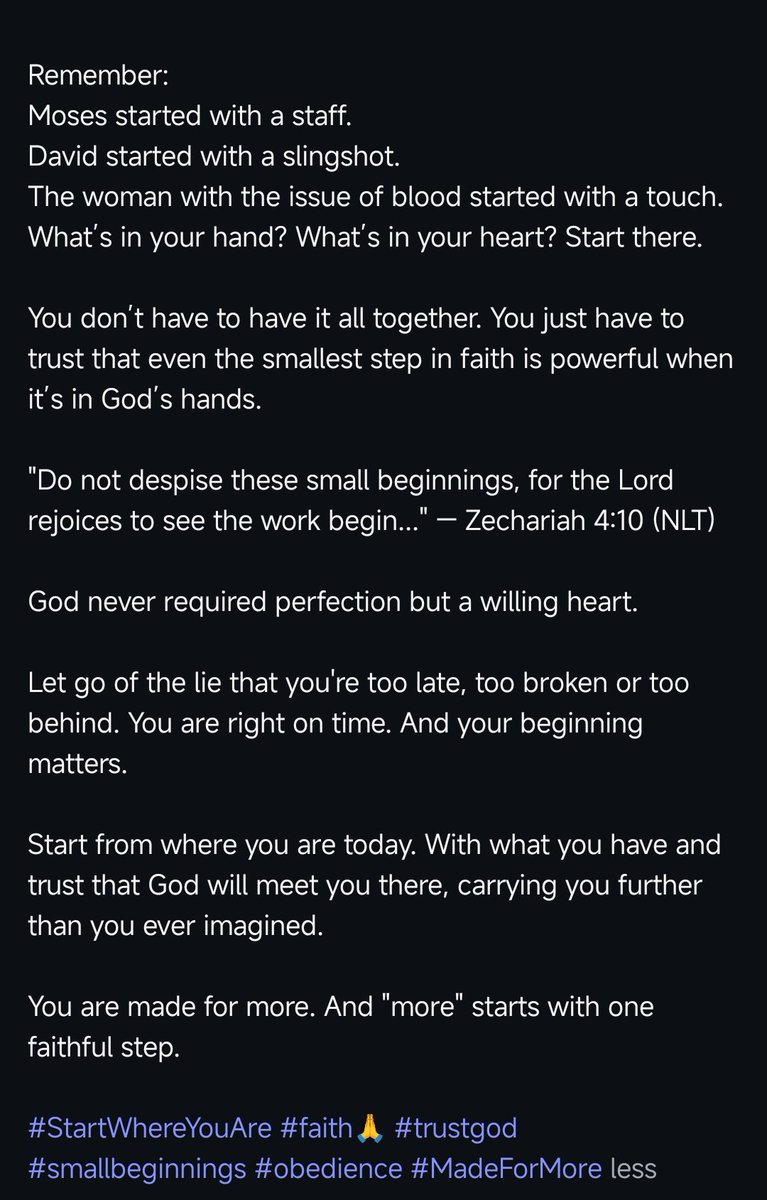 OgenyiDeborah's tweet photo. Start where you are:
Start with that one email
Start with a small yes
Start with mustard-seed faith

God isn’t asking for perfection, just a willing heart. You don’t need grand conditions or to feel brave. You just need to take that first step. https://t.co/wwV0DHheO7