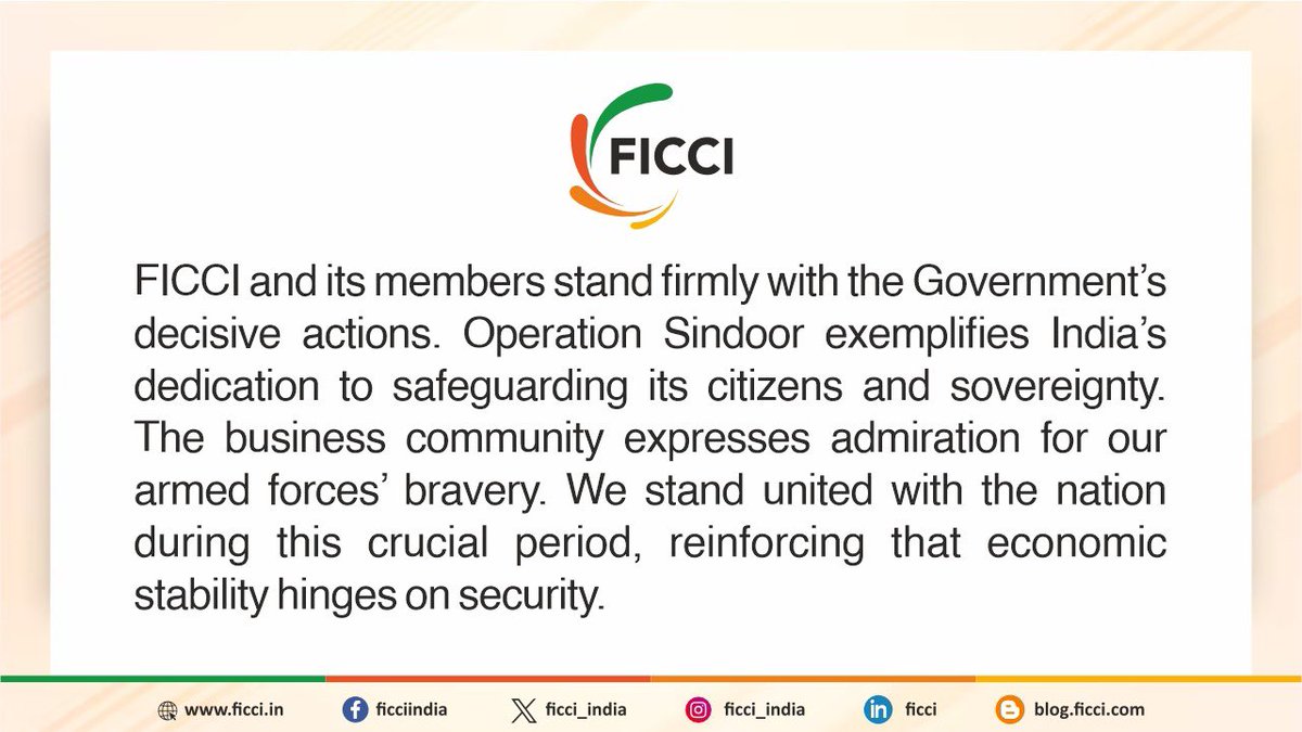 Operation Sindoor is a defining moment in India’s security doctrine — a testament to visionary leadership, indigenous capability, and national resolve.

I join <a href="/ficci_india/">FICCI</a> in commending Hon’ble Prime Minister Shri Narendra Modi for his decisive leadership and express deep