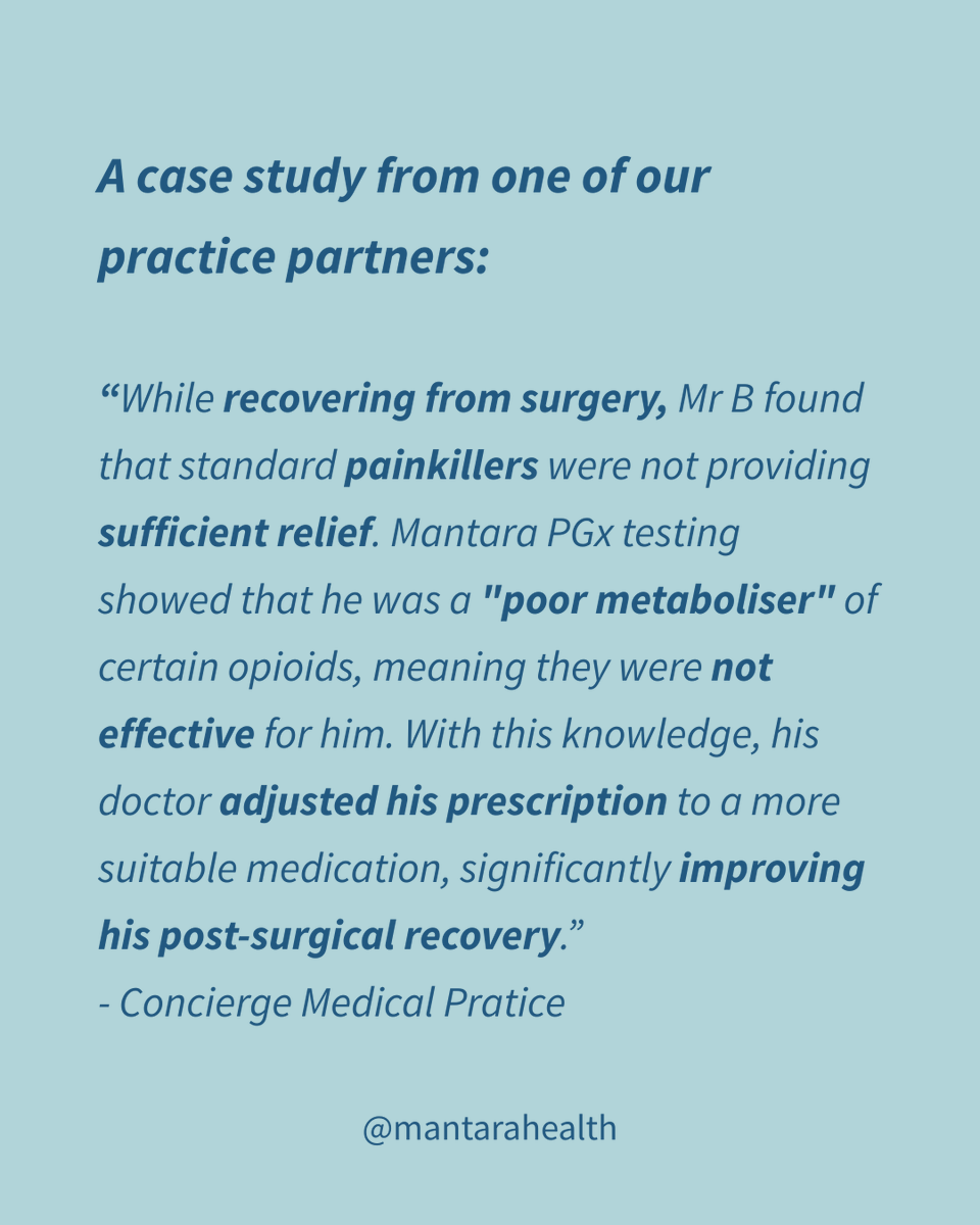 Standard painkillers weren’t effective for Mr B after surgery. Mantara PGx testing in partnership with @ConciergeMedical revealed a poor metabolism of certain opioids, enabling his doctor to personalise his prescription and improve recovery.

#Pharmacogenomics