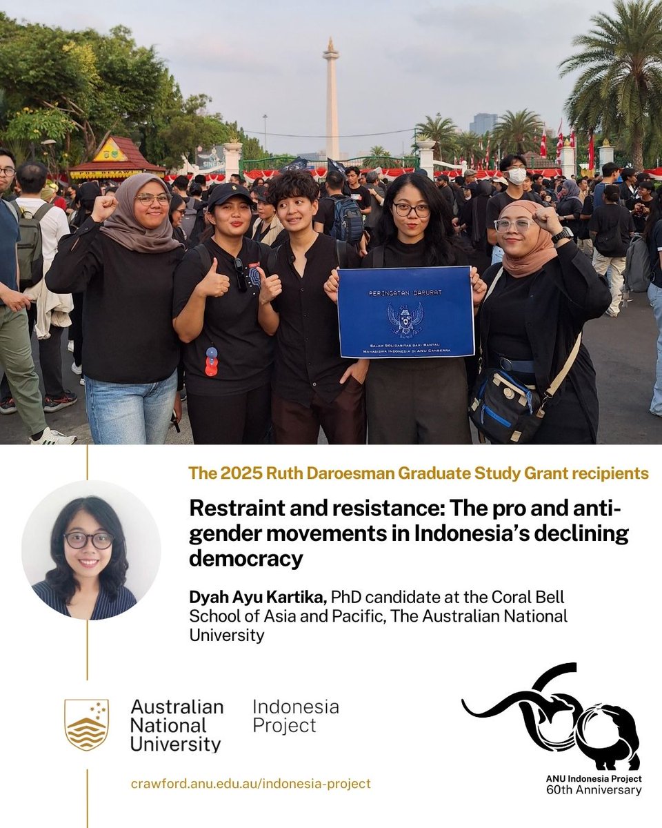 🎉 Congrats to Dyah Ayu Kartika  <a href="/dyahkathy/">Dyah Ayu Kartika</a> on receiving the 2025 Ruth Daroesman Study Grant! With this support, she will examine how democratic backsliding shapes gender politics in Indonesia.