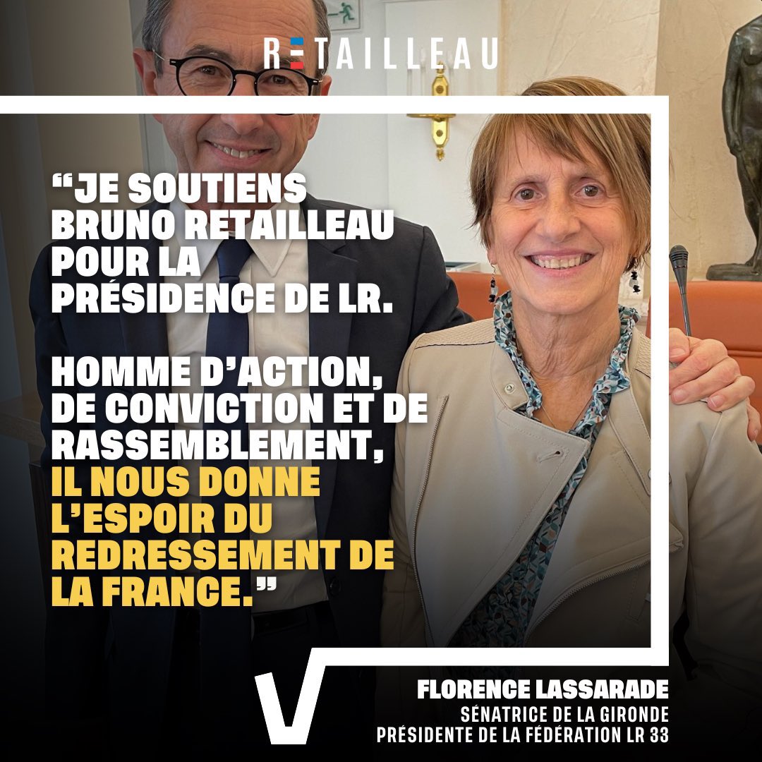 La Gironde avec Retailleau (@bretailleau33) on Twitter photo 🔵⚪️🔴 <a href="/flolassarade/">LASSARADE FLORENCE</a> - Sénatrice de la #Gironde et Présidente <a href="/LRGironde/">Les Républicains de Gironde</a> - soutient <a href="/BrunoRetailleau/">Bruno Retailleau</a> ! 🚀
#AvecRetailleau 🔵⚪️🔴 <a href="/flolassarade/">LASSARADE FLORENCE</a> - Sénatrice de la #Gironde et Présidente <a href="/LRGironde/">Les Républicains de Gironde</a> - soutient <a href="/BrunoRetailleau/">Bruno Retailleau</a> ! 🚀
#AvecRetailleau