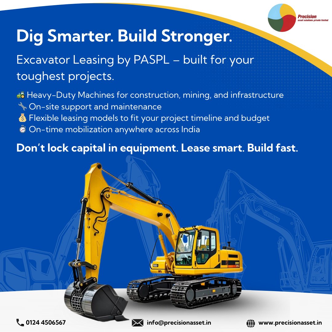 PRECISION_PEDPL's tweet image. Why dig into your capital when you can dig into the earth smarter?
Lease powerful, fuel-efficient excavators from PASPL.
Heavy-duty machines. Zero ownership stress.
For More Details Visit Us : precisionasset.in

#ExcavatorLeasing #PASPLPower #SmartConstruction
