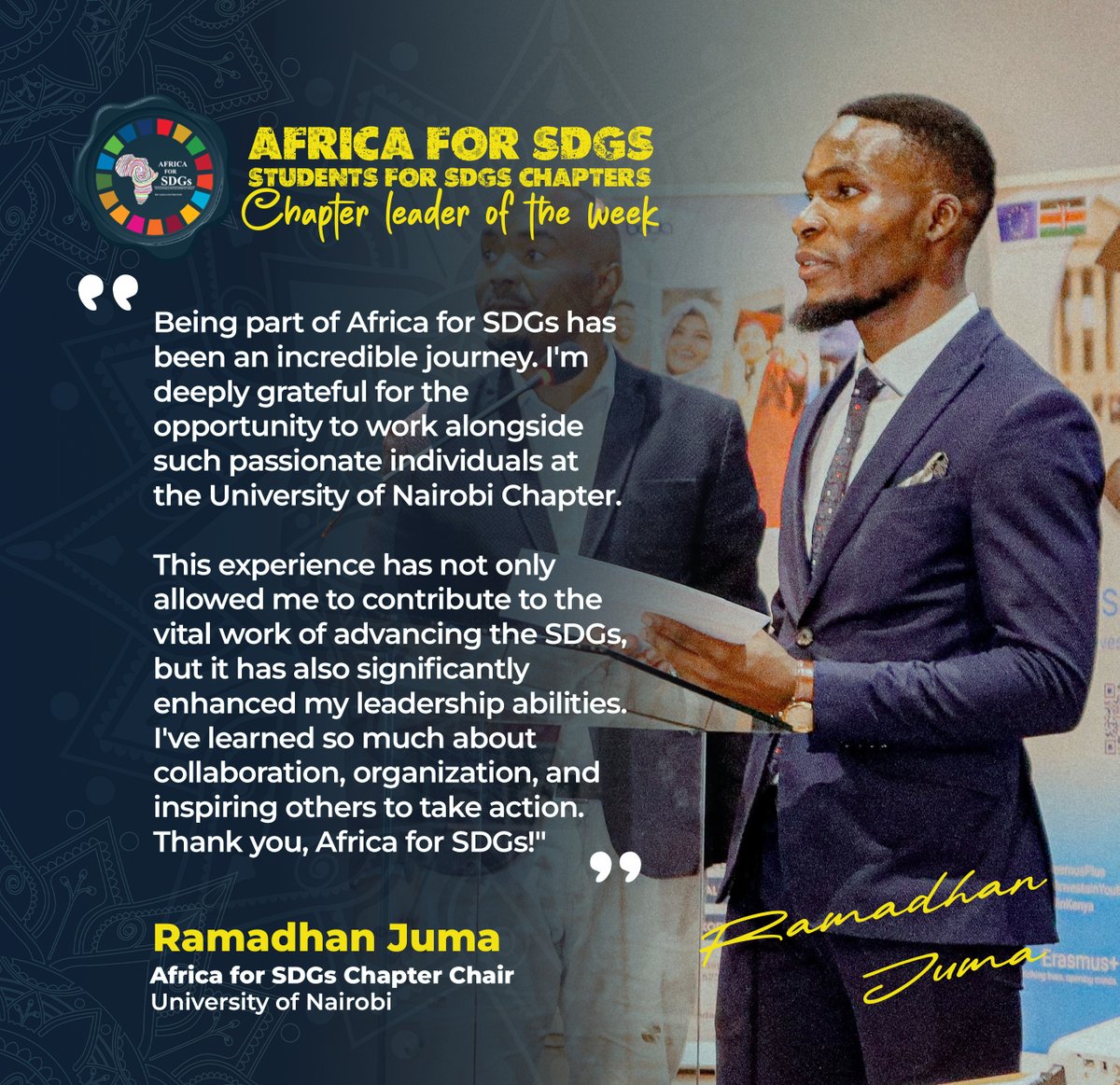 Meet the powerhouse leading the charge at the University of Nairobi Main Campus! 🌍 This week's #AfricaForSDGs Chapter Leader of the Week is none other than the incredible Ramadhan Juma! 🎉 As the Chapter Chair, Ramadhan's passion for the SDGS is truly inspiring.  #AfricaforSDGs