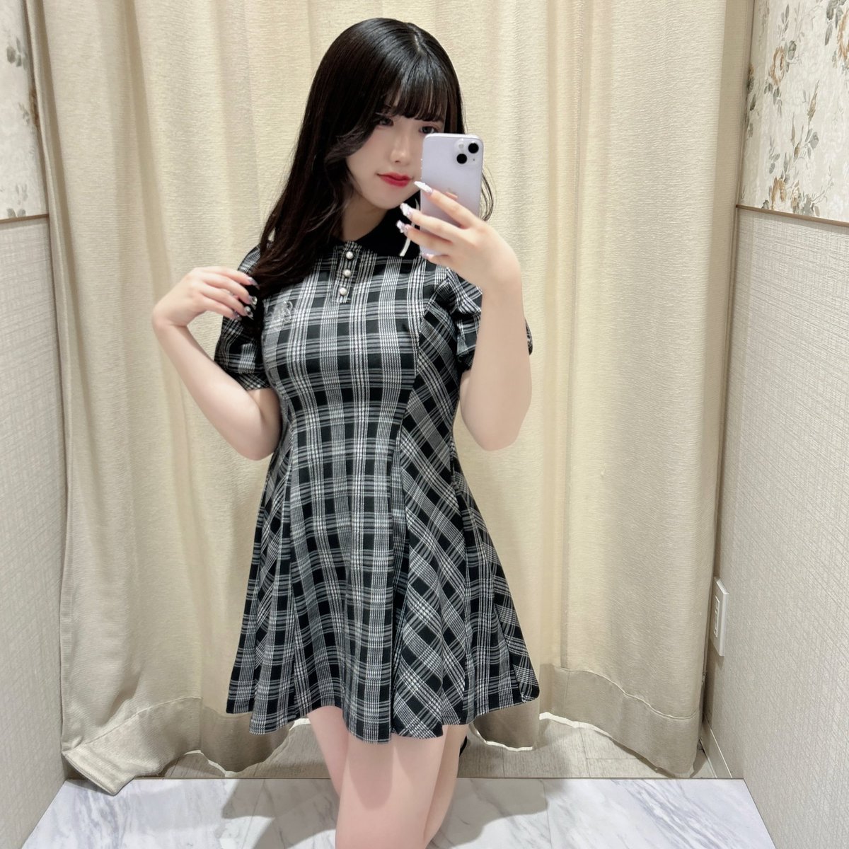 evelyn フレアポロOP ブラックチェック evelyn フレアポロ ワンピース