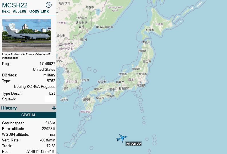 SirListenalot's tweet photo. ~0720z #KC46 #AE5E08 #FRESH22 (Yokota - Misawa) has passed MAKDA in the block FL190-230, likely with two #B1's https://t.co/W1pO2knDDE