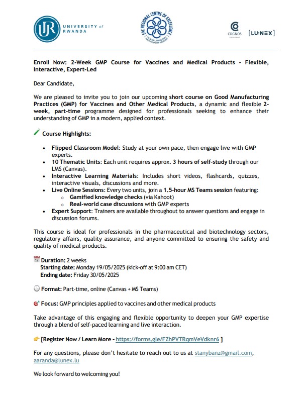 EAC RCE-VIHSCM (@eacrcevihscm) on Twitter photo 🚨Good Manufacturing Practices (#GMP) for Vaccines & Medical Products; May 19-30, 2025🚨
🔹 Expert-led, Flexible, Gamified
🔹 Flipped classroom model
🔹 Real-world GMP case studies
Read more & sign up➡️drive.google.com/file/d/1X3jGWP…
<a href="/BMZ_Bund/">Bundesentwicklungsministerium</a> <a href="/KfW_int/">KfW</a> <a href="/Uni_Rwanda/">University of Rwanda</a> 🚨Good Manufacturing Practices (#GMP) for Vaccines & Medical Products; May 19-30, 2025🚨
🔹 Expert-led, Flexible, Gamified
🔹 Flipped classroom model
🔹 Real-world GMP case studies
Read more & sign up➡️drive.google.com/file/d/1X3jGWP…
<a href="/BMZ_Bund/">Bundesentwicklungsministerium</a> <a href="/KfW_int/">KfW</a> <a href="/Uni_Rwanda/">University of Rwanda</a>