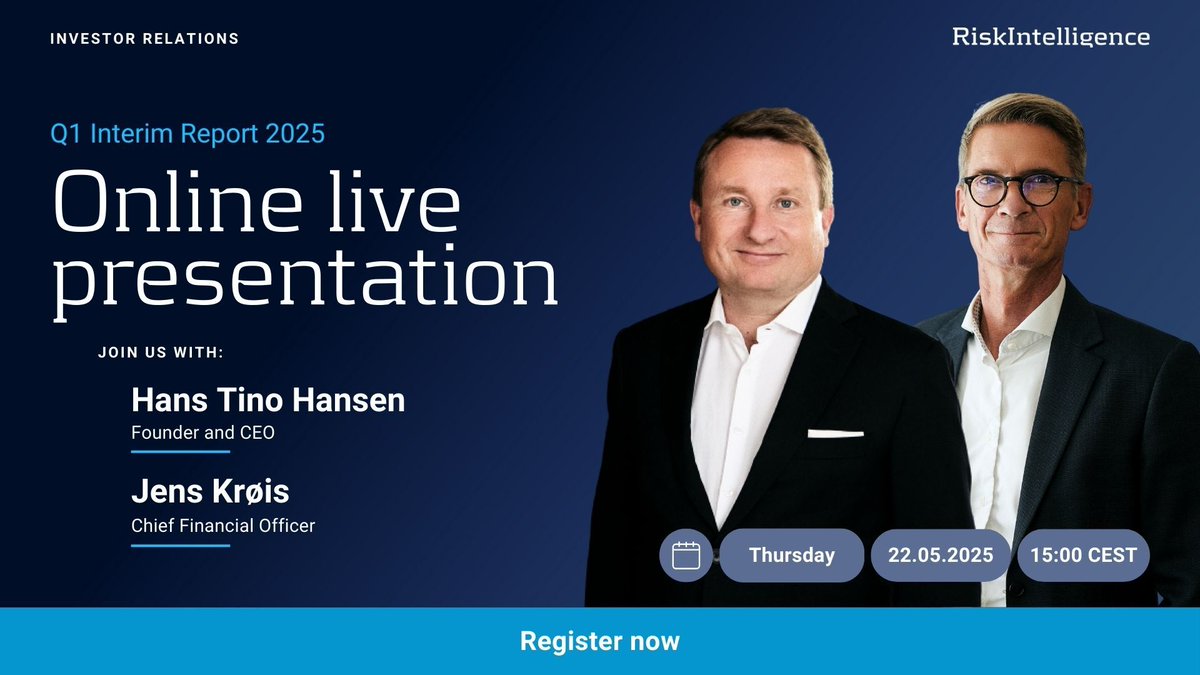 riskstaff's tweet image. INVESTOR NEWS: Join Risk Intelligence's live online event presenting its Q1 2025 Interim Report on 22 May, 15:00 CEST, with CEO @HthHans and CFO Jens Krøis. Don't miss the Q&A session, submit your queries now >> bit.ly/3GPtChQ
#finanstwitter #dkbiz #pratapengar #aktier