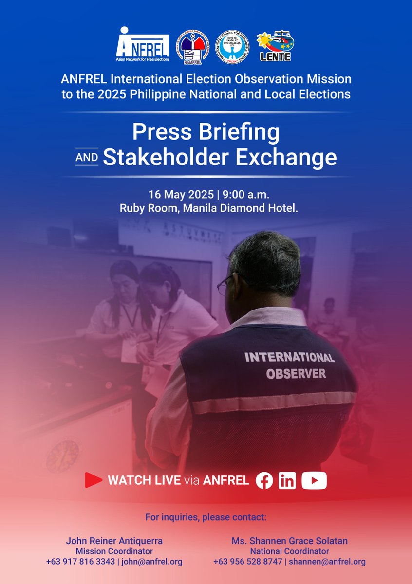ANFREL (@anfrel) on Twitter photo .<a href="/Anfrel/">ANFREL</a> will release in a press briefing the interim report of its International Election Observation Mission to the 2025 national and local #elections in the #Philippines tomorrow, 16 May 2025 at 9 a.m. Manila time. #Halalan2025 #Eleksyon2025 #PHVote .<a href="/Anfrel/">ANFREL</a> will release in a press briefing the interim report of its International Election Observation Mission to the 2025 national and local #elections in the #Philippines tomorrow, 16 May 2025 at 9 a.m. Manila time. #Halalan2025 #Eleksyon2025 #PHVote