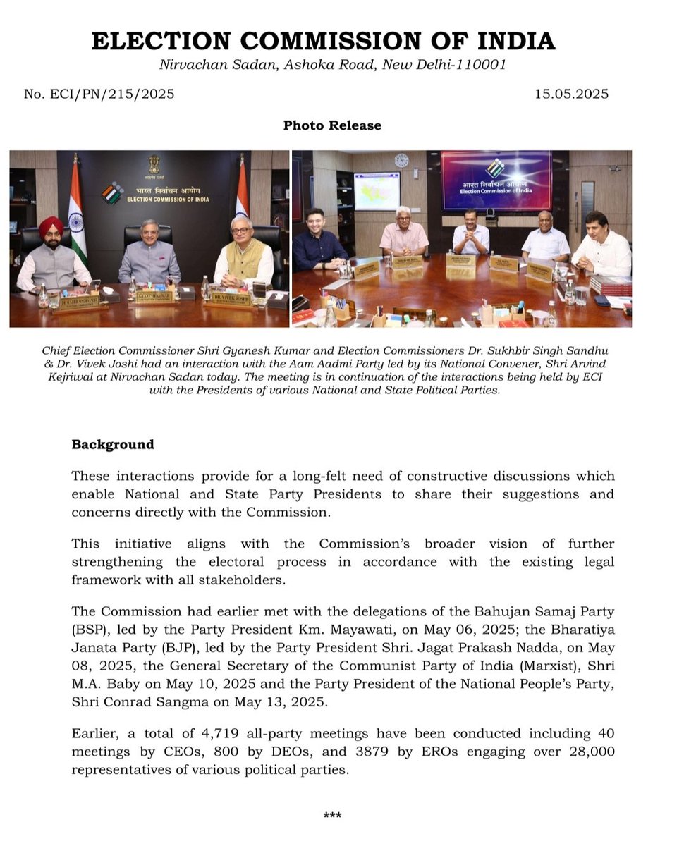 CEC Shri Gyanesh Kumar &amp; ECs Dr. Sukhbir Singh Sandhu &amp; Dr. Vivek Joshi had an interaction with Aam Aadmi Party led by its National Convener,Shri Arvind Kejriwal.

Meeting is in continuation of interactions being held by ECI with Presidents of National &amp; State Political Parties.