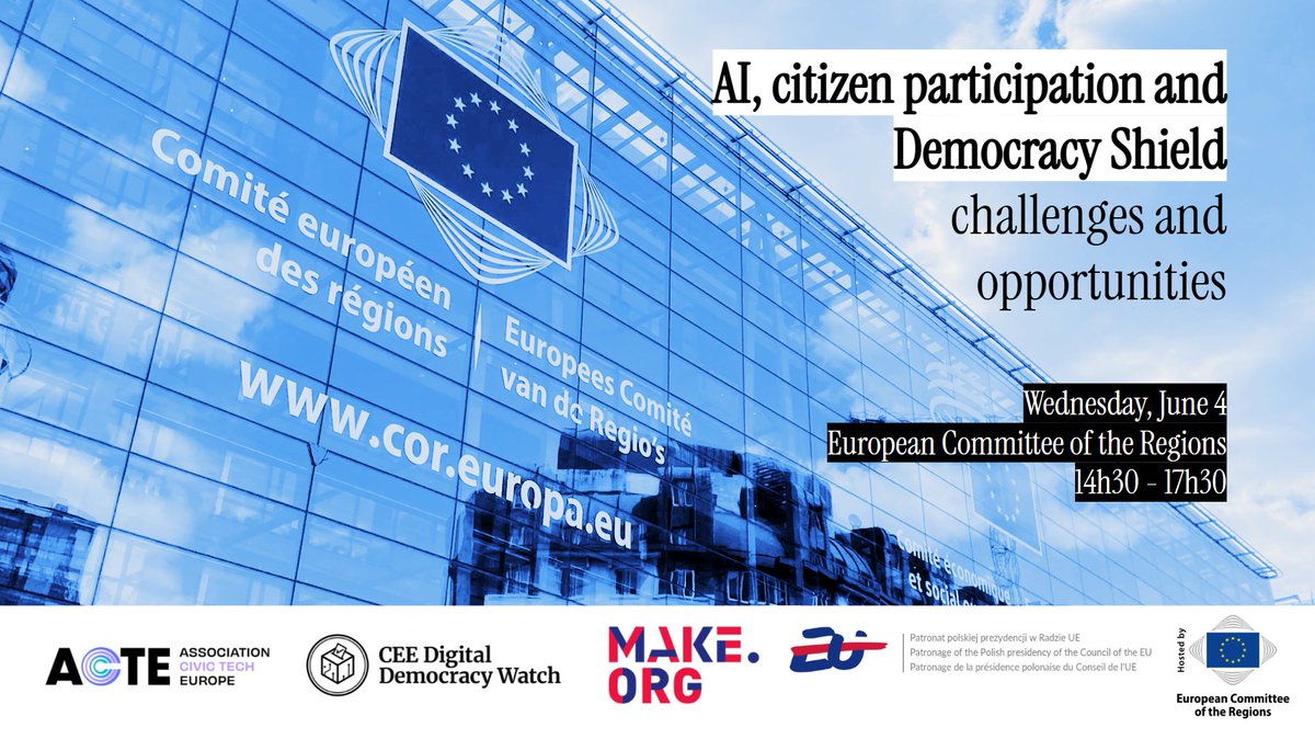 Make.org Global 🌎 (@make_org_global) on Twitter photo 📅HIGH-LEVEL EVENT IN BRUSSELS 📅
Let’s discuss AI, citizen participation and the European Democracy Shield!
The conference will take place at 14h15 on June 4, 2025. is held under the patronage of @POLAND25EU and hosted by <a href="/EU_CoR/">European Committee of the Regions</a>.
Register here: acte-europe.org/forms/7Z06M1eB… 📅HIGH-LEVEL EVENT IN BRUSSELS 📅
Let’s discuss AI, citizen participation and the European Democracy Shield!
The conference will take place at 14h15 on June 4, 2025. is held under the patronage of @POLAND25EU and hosted by <a href="/EU_CoR/">European Committee of the Regions</a>.
Register here: acte-europe.org/forms/7Z06M1eB…