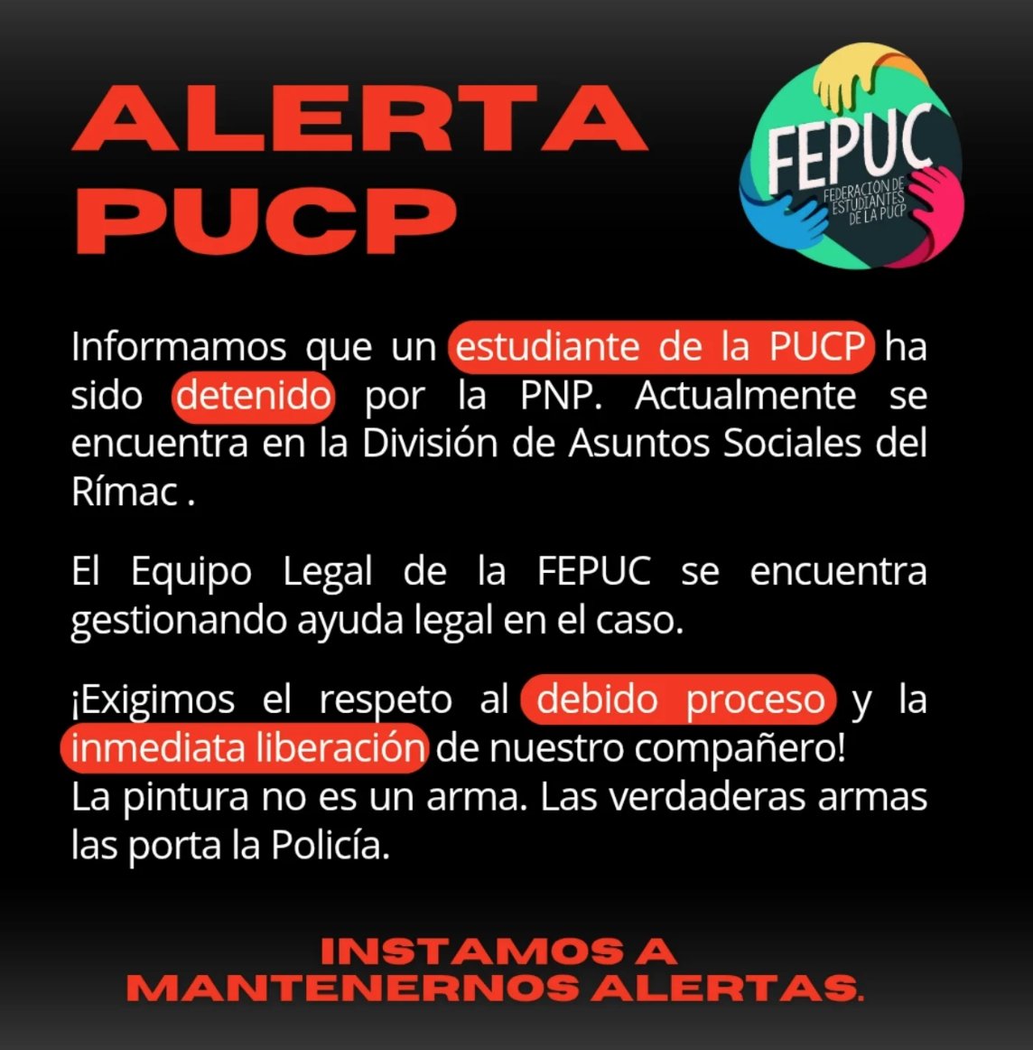 🚨Mensaje desde la PUCP: "Informamos que un estudiante de la PUCP ha sido detenido por la PNP. Actualmente se encuentra en la División de Asuntos Sociales del Rímac .

¡Exigimos el respeto al debido proceso y la inmediata liberación de nuestro compañero!"
#FueraDina