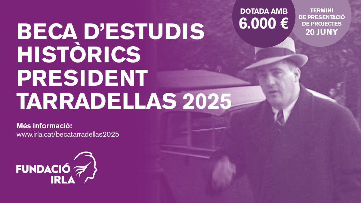 Fundació Irla (@fundacioirla) on Twitter photo Descobreix la #BecaTarradellas 2025 ➡️ una oportunitat per recuperar la #memòriahistòrica de figures republicanes del #CampTarragona, #TerresdelEbre i #BaixPenedès
📩 Presenta el teu projecte a becatarradellas@irla.cat
Consulta les bases 📲 f.mtr.cool/kizxjpzroc Descobreix la #BecaTarradellas 2025 ➡️ una oportunitat per recuperar la #memòriahistòrica de figures republicanes del #CampTarragona, #TerresdelEbre i #BaixPenedès
📩 Presenta el teu projecte a becatarradellas@irla.cat
Consulta les bases 📲 f.mtr.cool/kizxjpzroc