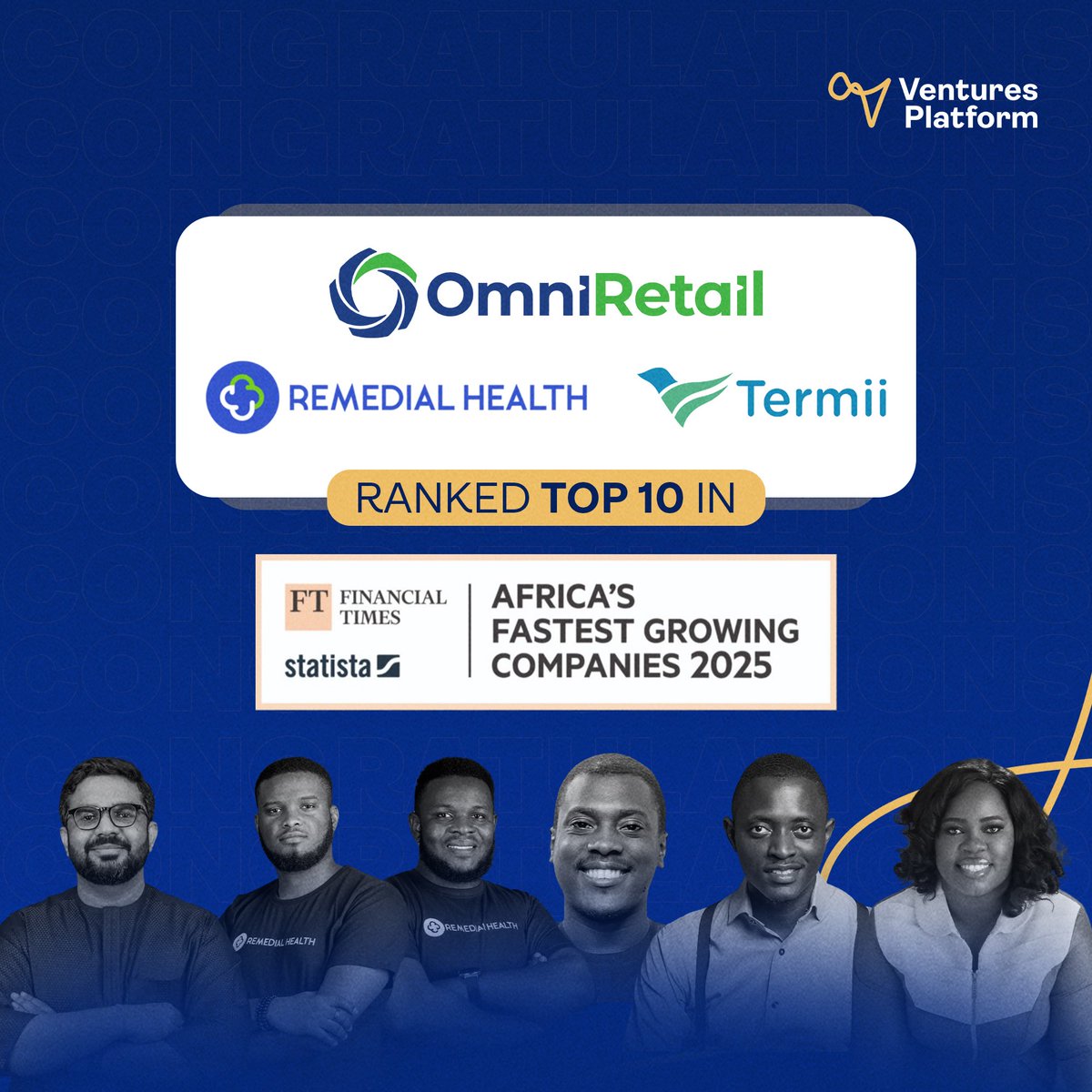 We are pleased to share that three of our portfolio companies have been named among the top 10 in the <a href="/FinancialTimes/">Financial Times</a>’ Africa’s Fastest Growing Companies 2025 ranking.

#BackedbyVP:

<a href="/omniretailinc/">OmniRetail</a> takes the #1 spot for the second consecutive year,

Remedial Health ranks #3,

and