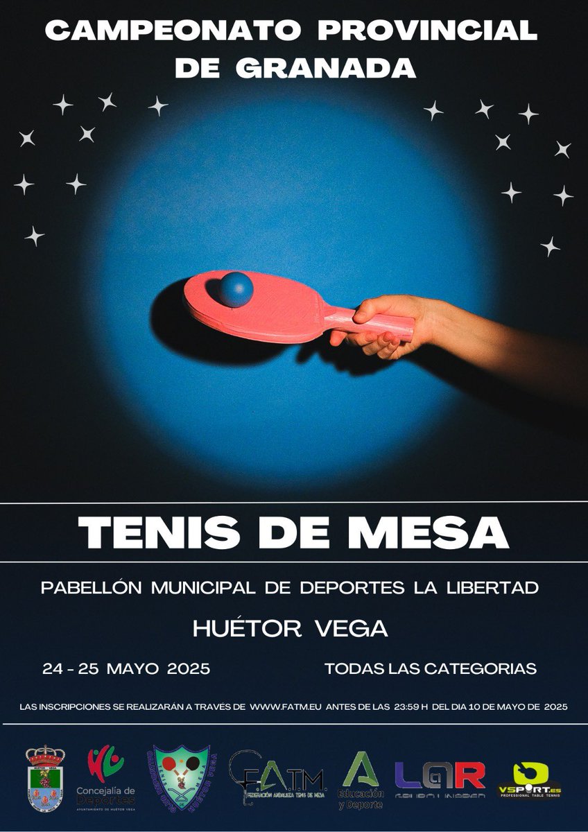 🏓Campeonato Provincial de Granada Tenis de Mesa

🗓️24 y 25 de mayo de 2025  
📍Pabellón Municipal de Deportes La Libertad

➡️Categorías: Todas

Concejalía de Deportes
#AyuntamientoDeHuétorVega