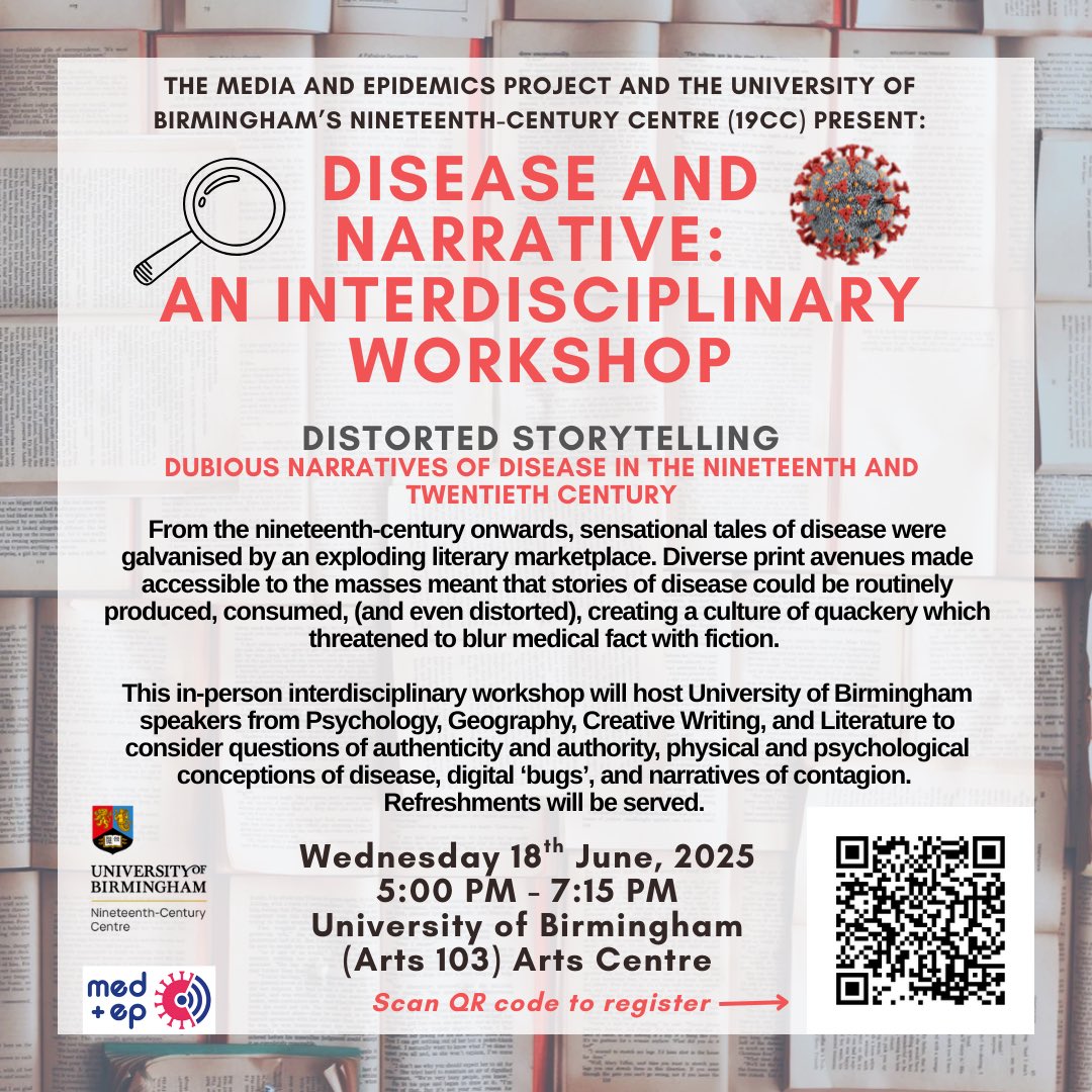 Dr Emily Vincent (dremilyvincent.bsky.social) (@emily__vincent) on Twitter photo *Interdisciplinary Disease and Narrative Workshop!* Register below for this in-person event <a href="/artsatbham/">College of Arts+Law</a> in Arts 103 on Weds 18th June (5.00-7.15pm) hosted by <a href="/MEDEP_CHANSE/">Media and Epidemics</a> & <a href="/19cc_bham/">19CC Bham</a> to explore sensational tales of disease: *Interdisciplinary Disease and Narrative Workshop!* Register below for this in-person event <a href="/artsatbham/">College of Arts+Law</a> in Arts 103 on Weds 18th June (5.00-7.15pm) hosted by <a href="/MEDEP_CHANSE/">Media and Epidemics</a> & <a href="/19cc_bham/">19CC Bham</a> to explore sensational tales of disease: