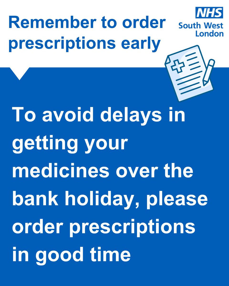 Do you take medication regularly? Ahead of the late May bank holiday it’s important to check your prescription and order what you need in plenty of time. 

Pop into your local pharmacy, use the NHS App or contact your GP.