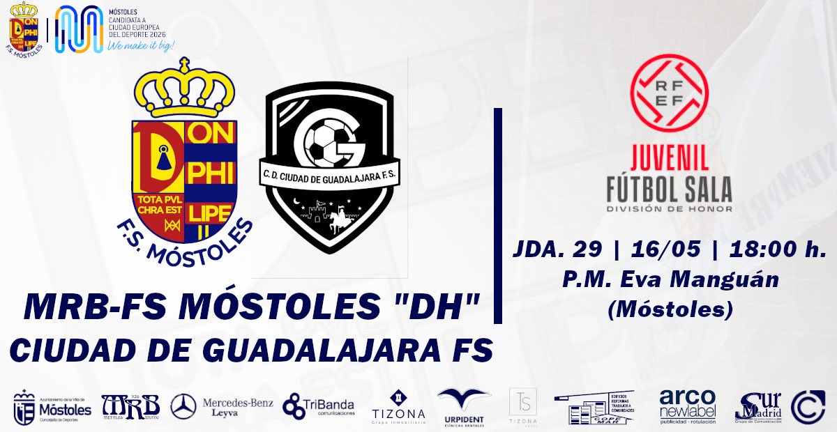 💙JUVENIL DH💙
Adelantamos al viernes la despedida liguera en casa recibiendo al 3º de la tabla el <a href="/Ciudaddeguadafs/">CD Ciudad de Guadalajara FS</a> 
Buen partido a la vista…
<a href="/deportesmost/">Concejalía de Deportes Móstoles</a> 
<a href="/FutSalRFEF/">Futsal RFEF</a> 
<a href="/RFFM_FutbolSala/">Comité de Fútbol Sala - RFFM</a> 
#canteraazul