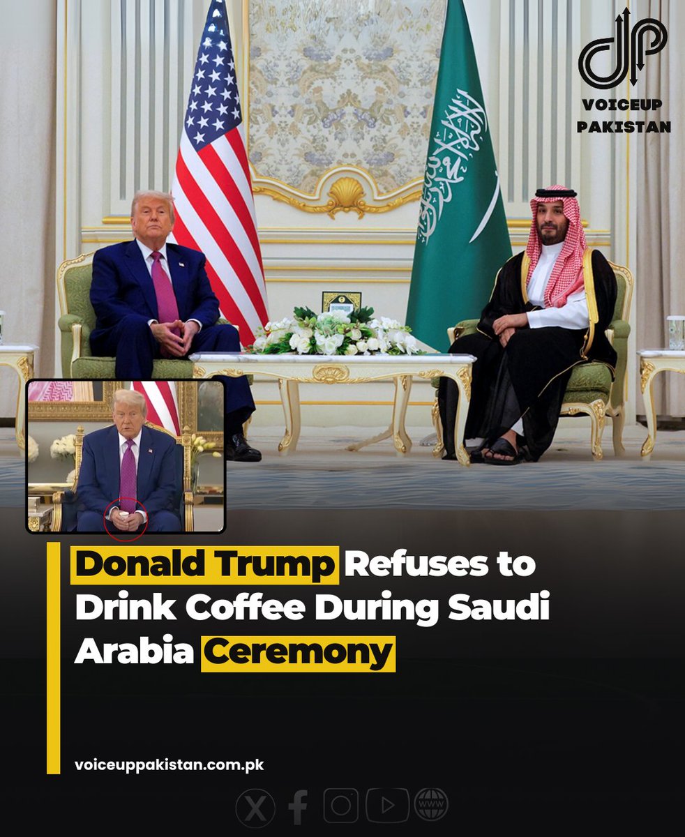 VoiceupPakistan's tweet image. Donald Trump appeared to refuse to drink coffee offered to him by Saudi officials during a royal welcome ceremony.

#DonaldTrump #Refuse #Drink #Coffee #Offered #SaudiArabia #Royal #Welcome #Ceremony
