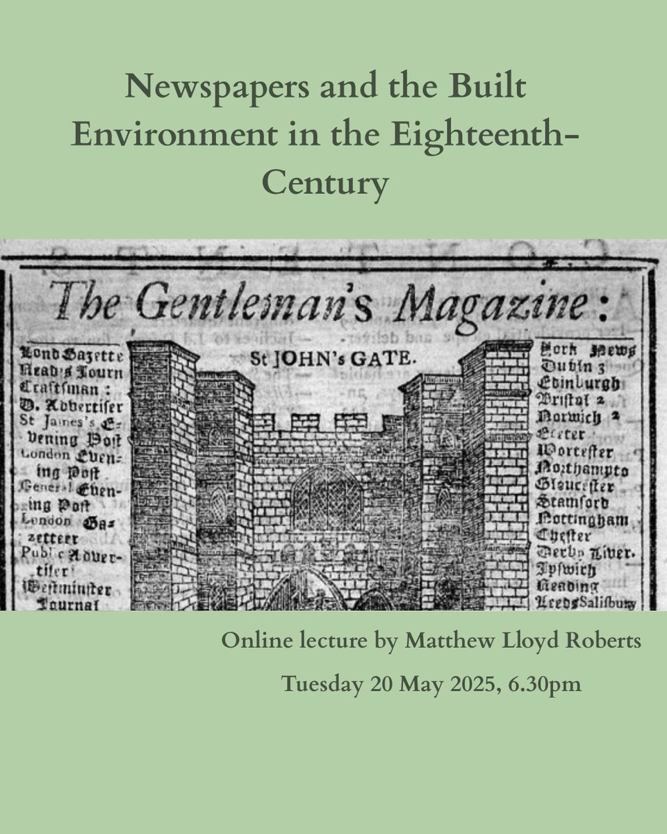 Tuesday 20 May 6.30pm.  Matthew Lloyd Roberts will explore the various ways in which ideas about architecture and the built environment were disseminated in print culture in Georgian England.

Tickets available here: georgiangroup.org.uk/event-director…