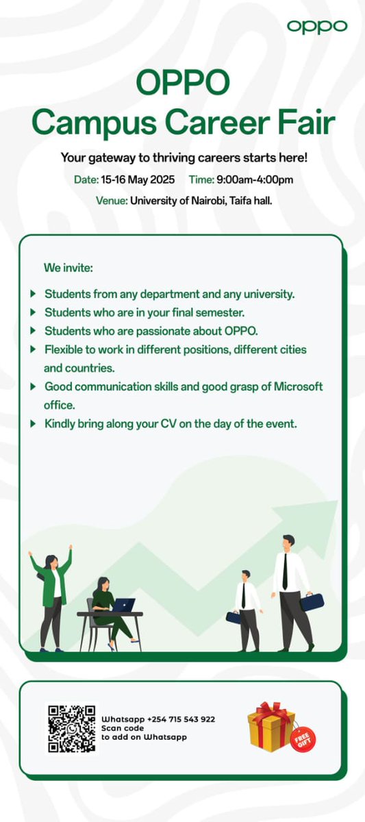 UoNDOS_Careers's tweet image. OPPO CAMPUS CAREER FAIR AND RECRUITMENT
MAY 15 - 16, 2025 from 9.30am in Taifa Hall
Carry Your CVs @OPPOKenya
◾Gift Hampers for final Year students
◾Job and Internship Opportunities to be filled
#CareersOpportunities
#StudentLife