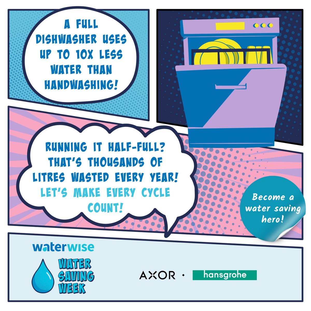 Wash wisely and waste less.

A full dishwasher uses up to 10x less water than hand washing!

Skip the pre-rinse and just scrape food off your plates before loading the dishwasher – modern machines can handle the rest and you'll save a surprising amount of water 🍽️