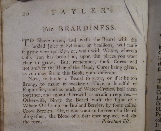 A 1785 chapbook recipe for 'Beardiness', including watercress, fire, sealions and the blood of a bat