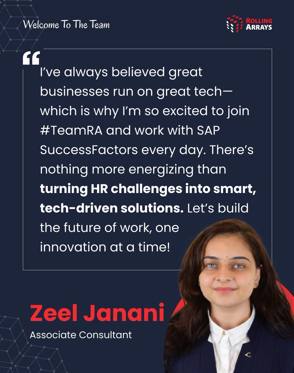 RollingArrays's tweet image. Thrilled to welcome our newest team member Zeel Janani to #TeamRA! Their passion for leveraging technology to transform HR aligns perfectly with our mission. 

Get ready for innovation and impactful SAP SuccessFactors solutions! 

#WelcomeToTheTeam #NewHire  #RollingArrays