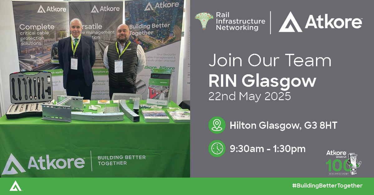 📢 It's that time again!
Our rail experts will be at RIN Glasgow, join them on stand to discuss how we can support your next rail project.

📍Hilton Glasgow, G3 8HT  🗓️ 22nd May 2025

Register for tickets! ow.ly/7QiG50VJv3m

#Atkore #Buildingbettertogether #RINGlasgow