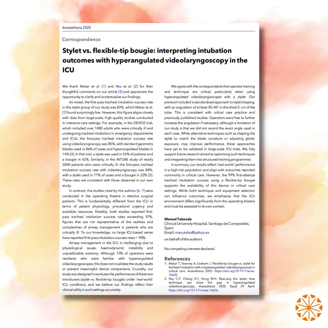 Correspondence: Stylet vs. flexible-tip bougie: interpreting intubation outcomes with hyperangulated videolaryngoscopy in the ICU

#anaesthesia #MedTwitter #airway #ICU

doi.org/10.1111/anae.1…