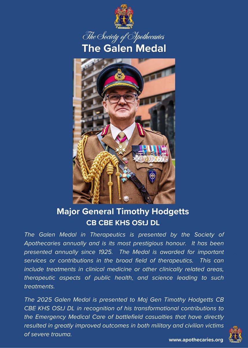 The Galen Medal 2025 is being awarded to Maj Gen Timothy Hodgetts CB CBE KHS OStJ DL. Find out more by following the link: buff.ly/aGLaOZb
