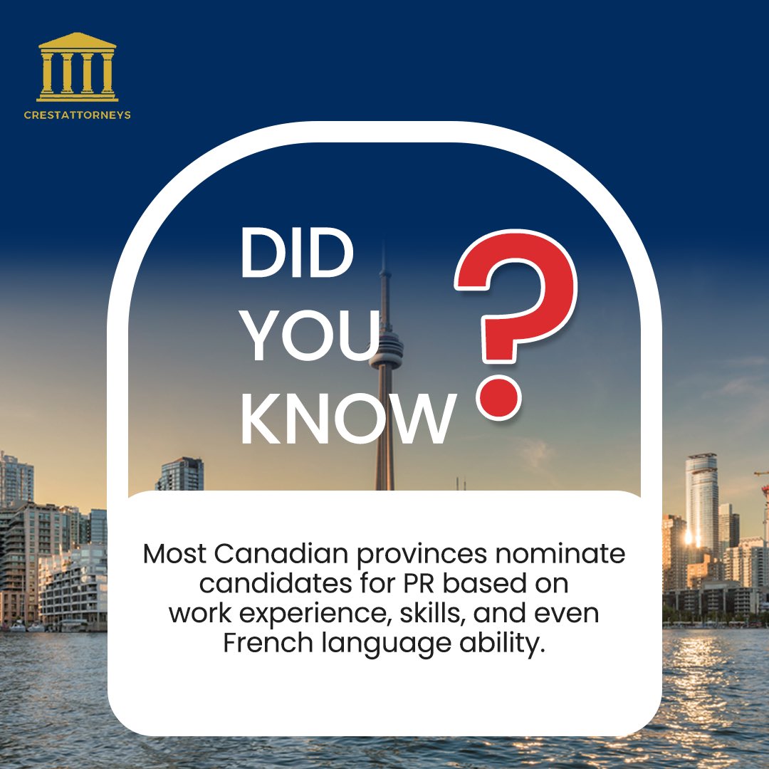 CrestAttorneyCA's tweet image. Your skills might be your golden ticket to Canada! Many provinces nominate skilled workers for PR, could you be next? 

DM us to find out! 

#ProvincialNomineeProgram #ImmigrateToCanada #CrestAttorneys