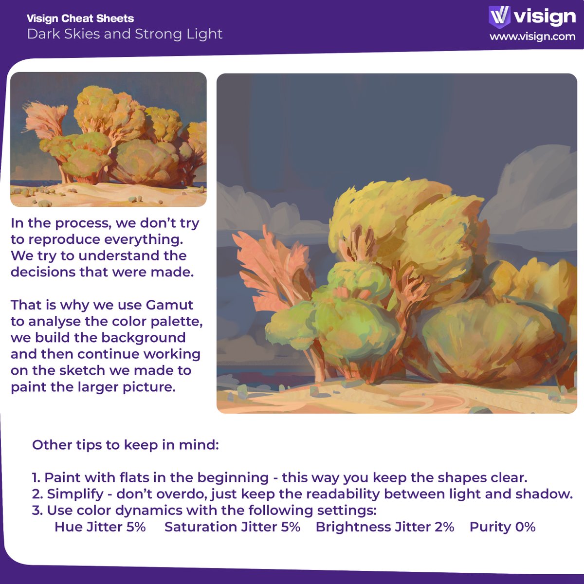 Try this in your next study: strong shapes, clear gamut map, simplification! The goal isn’t to copy, but to interpret the reference and make it really yours.
☀️ Struggling to paint light at different times of day? This short course will make things clear: visign.com/courses/learni…