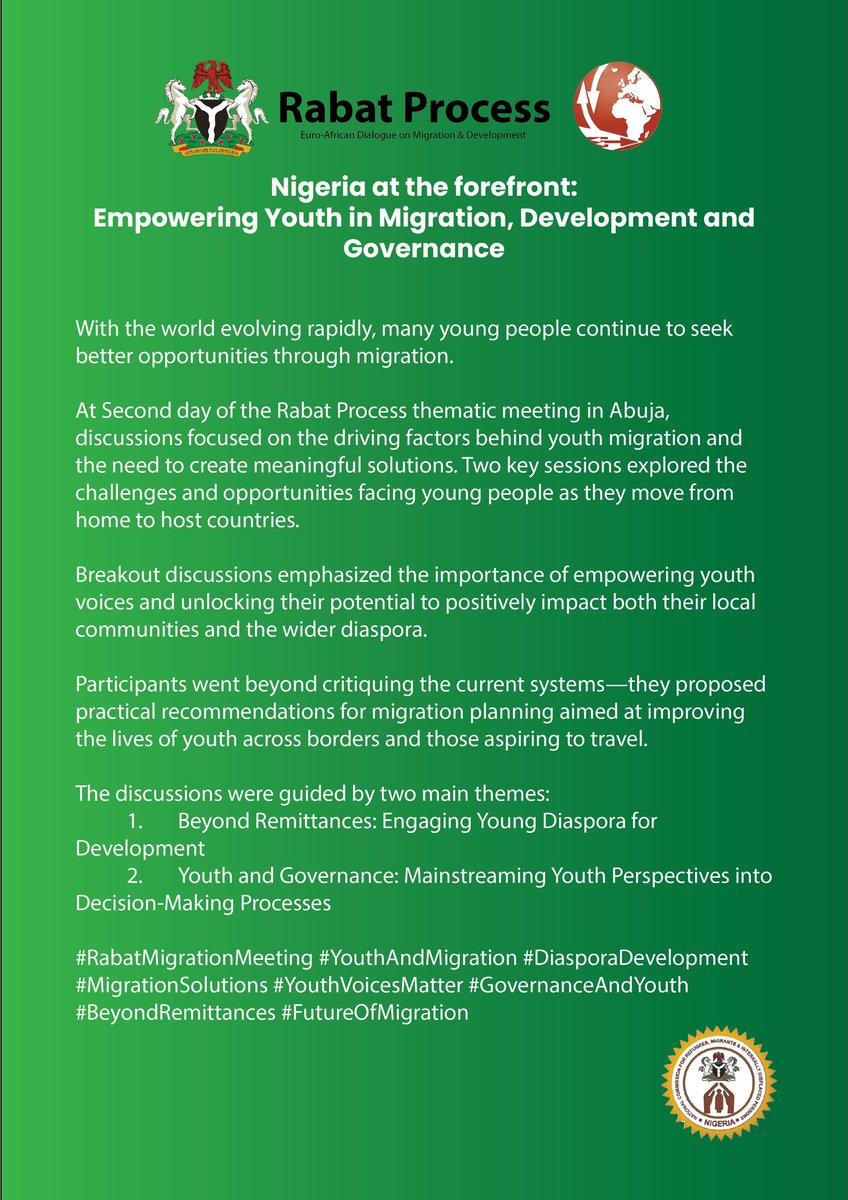 OfficialNCFRMI's tweet photo. Highlights from the 1st Rabat Process thematic meeting on Youth & Migration, chaired by Nigeria, discussions focused on empowering young voices, engaging the diaspora, and integrating youth perspectives into governance for effective migration solutions.
#ncfrmi #rabatprocess https://t.co/IS75jFzI2p