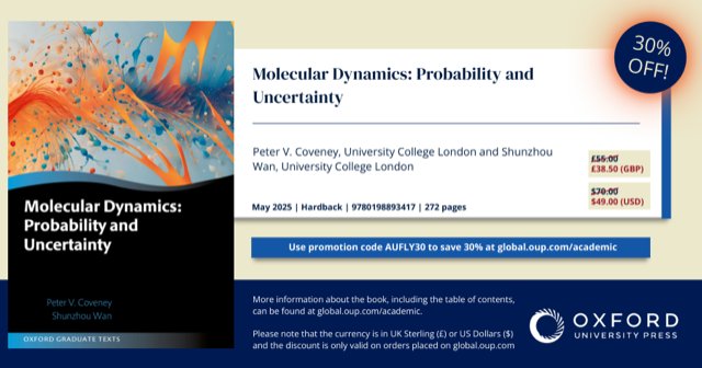 UCL Chemistry (@uclchemistry) on Twitter photo Published today! Molecular Dynamics: Probability & Uncertainty by <a href="/PVCoveney/">Peter Coveney</a> & Shunzhou Wan, a new novel exploration of molecular dynamics simulations through the lens of advanced probabilistic methodologies. Order direct from <a href="/OxUniPress/">Oxford University Press</a> Published today! Molecular Dynamics: Probability & Uncertainty by <a href="/PVCoveney/">Peter Coveney</a> & Shunzhou Wan, a new novel exploration of molecular dynamics simulations through the lens of advanced probabilistic methodologies. Order direct from <a href="/OxUniPress/">Oxford University Press</a>