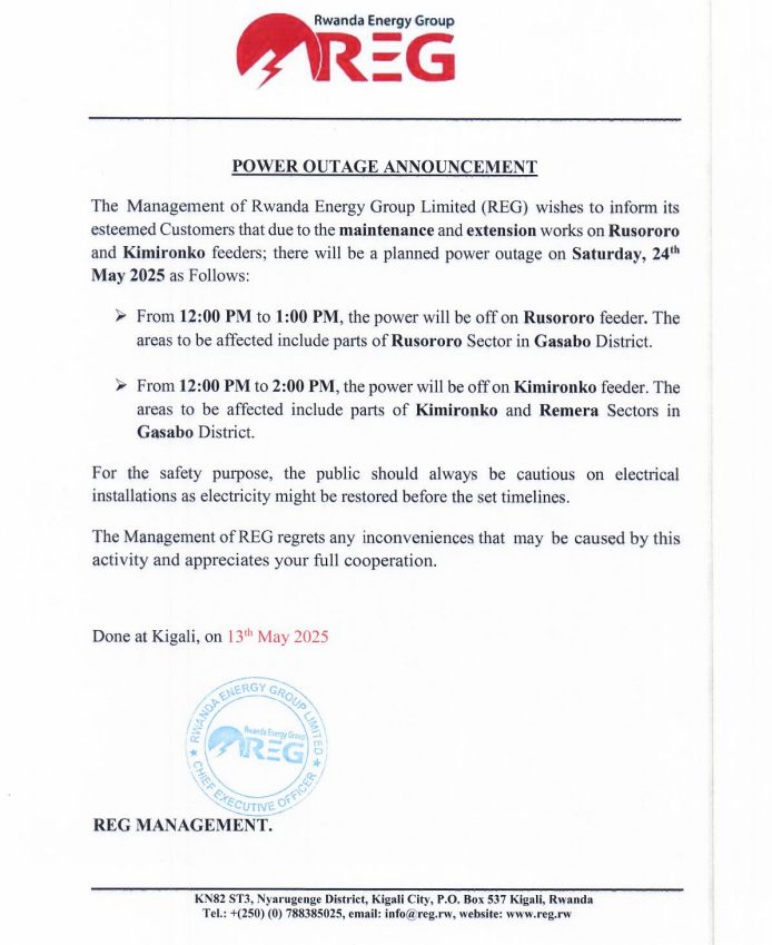reg_rwanda's tweet photo. #Power_Outage_Alert
On 24th May 2025 there is a planned power outage in some parts of @GasaboDistrict
Please plan accordingly to avoid interruption.
#Ibura_Ryumuriro
Tariki ya 24/05/2025 hateganyijwe ibura ry'umuriro mu bice bimwe bya @GasaboDistrict
Murakoze. https://t.co/RALCf7UZqx