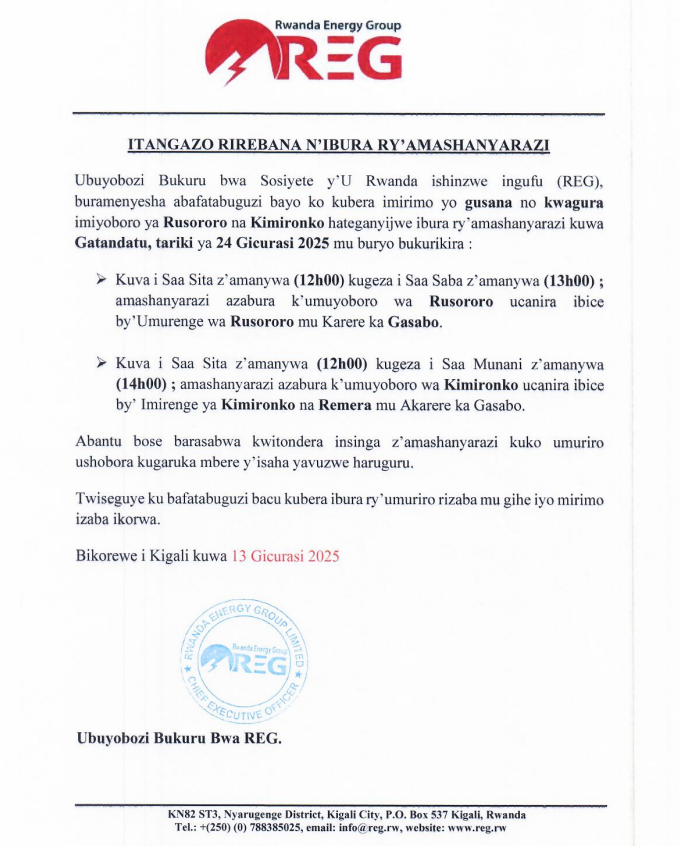 reg_rwanda's tweet photo. #Power_Outage_Alert
On 24th May 2025 there is a planned power outage in some parts of @GasaboDistrict
Please plan accordingly to avoid interruption.
#Ibura_Ryumuriro
Tariki ya 24/05/2025 hateganyijwe ibura ry'umuriro mu bice bimwe bya @GasaboDistrict
Murakoze. https://t.co/RALCf7UZqx